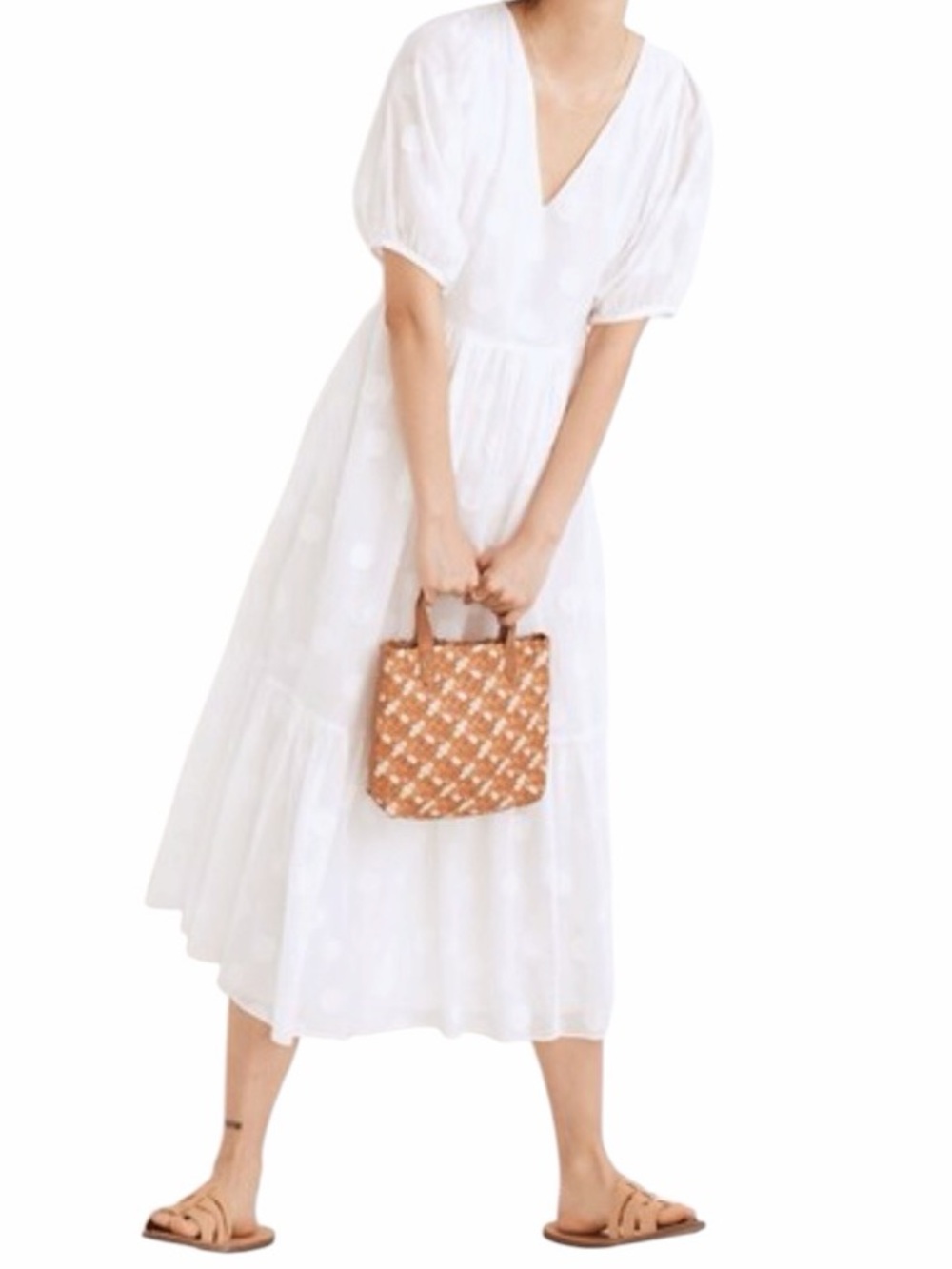 Madewell White Cotton Dot Jacquard  V-Neck Puff Sleeve Tiered Midi Dress S